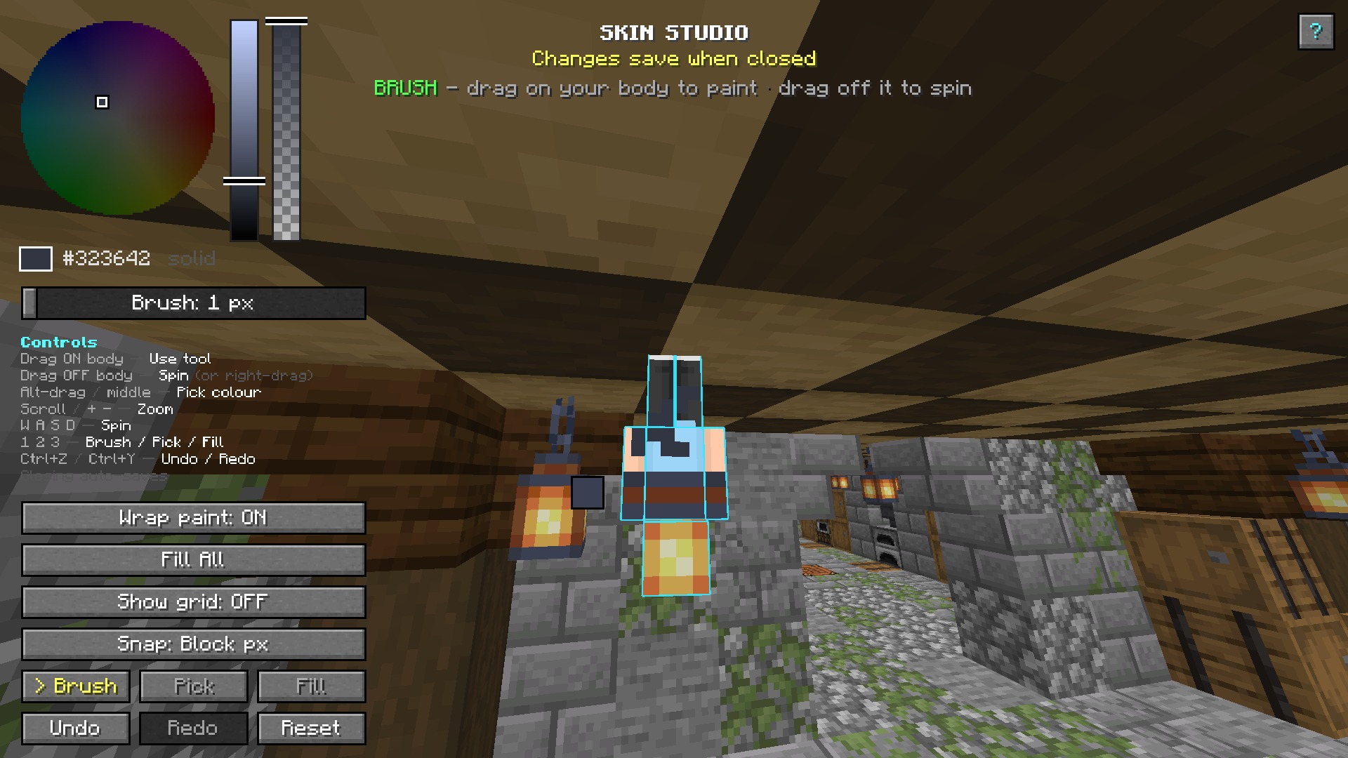The Skin Studio open, with the eyedropper sampling a block